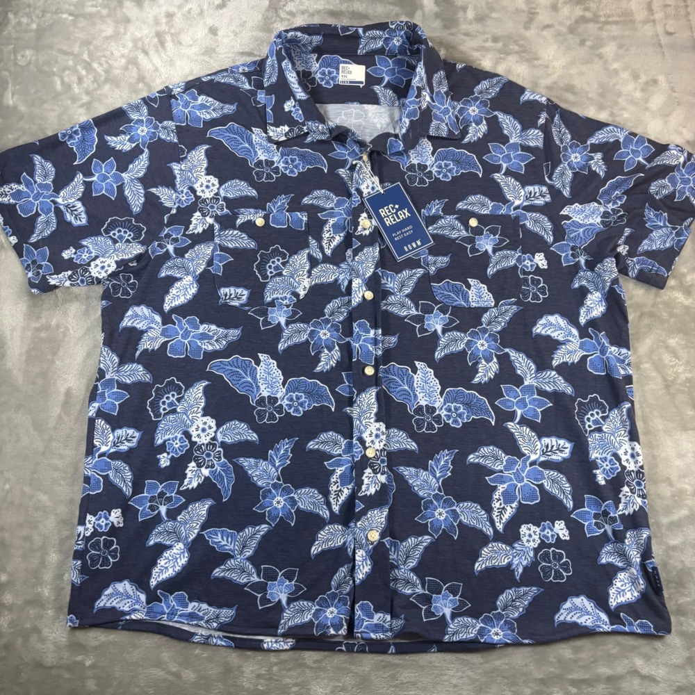 ROWM Rec+Relax Mens XXL Navy Blue Floral Short Sleeve Button Down Shirt NWT